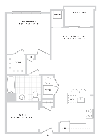 Floor plan for 1 bed, 1 bath, 820 sqft